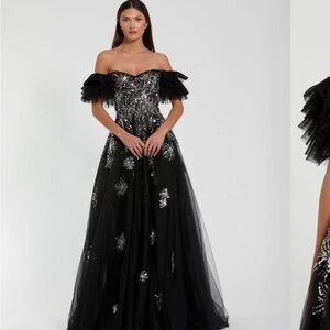 Mac Duggal Tulle Off The Shoulder Gown With Sequin Details
